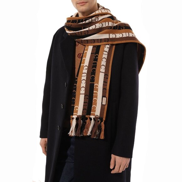 GUCCI SCARF 634166 LOGO STRIPED WOOL COTTON w FRINGE UNISEX 14.5" x 71" - Picture 2 of 16